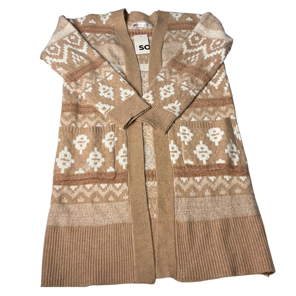 SO Cardigan Sweater XS Tan Cream Open Front Aztec Bohemian Cozy Longline